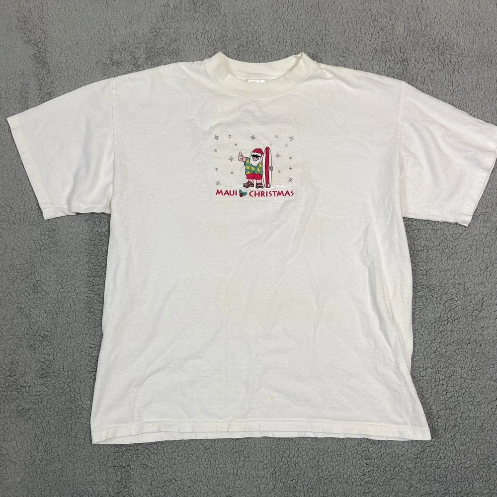 Vtg Maui Christmas‎ White Embroidered Single Stitch Holiday T Shirt Size XL